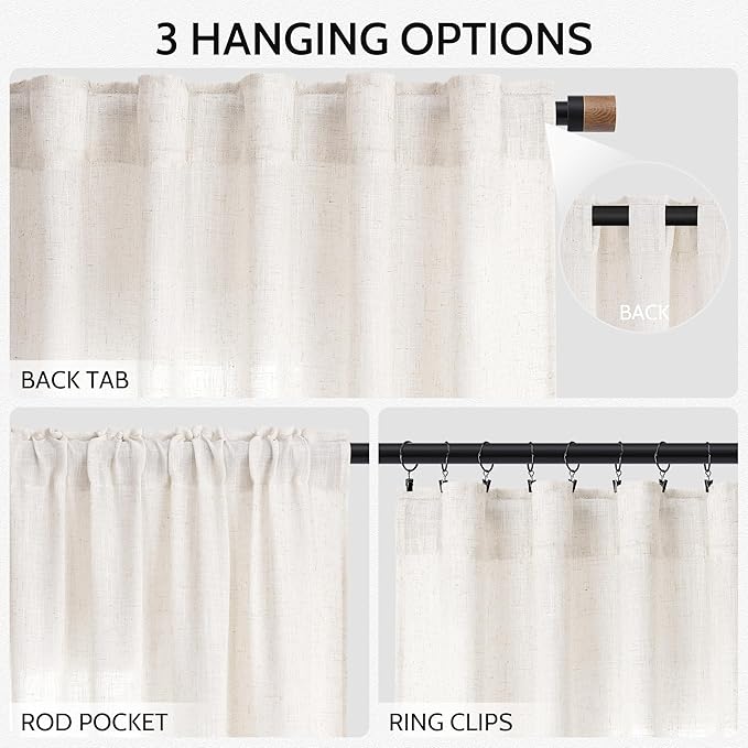 Ivory White Linen Curtains for Living Room 94 Inches Long Light Filtering Semi Sheer Curtain Back Tab Rustic Luxury Neutral Modern Farmhouse Decor Drapes for Bedroom Dinner Room 52x94, 2 Panels