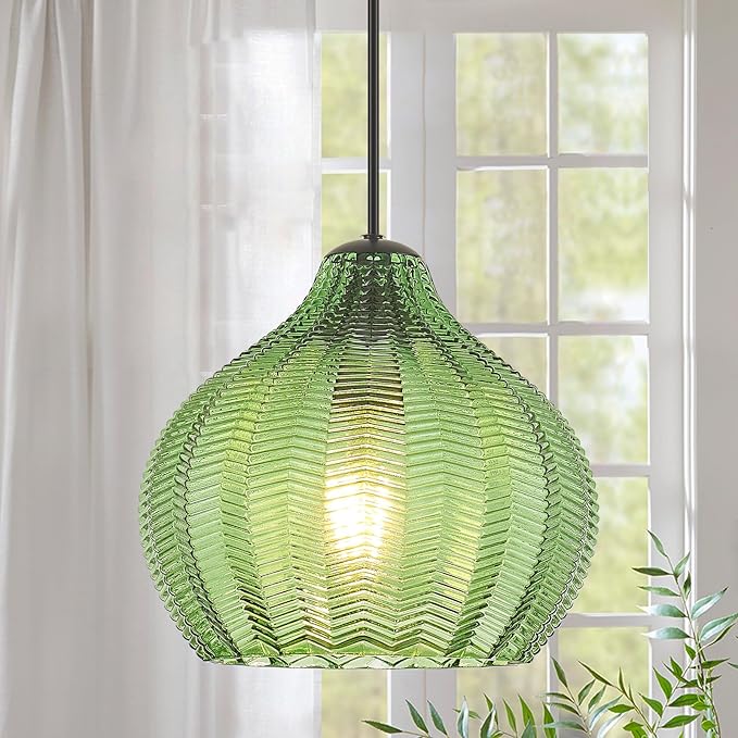 VILUXY Vintage Pendant Lights Glass Green Hanging Light Fixture for Dining Room 1-Light Globe Pendant Lighting Hand-Blown Glass Ceiling Light Adjustable for Kitchen Island Bedroom Hallway