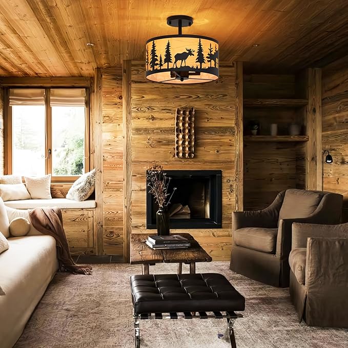 Rustic 3-Light Semi-Flush Mount Ceiling Light Fixtures, E12 Base Black Round Farmhouse Metal Light Fixtures for Kitchen, Hallway, Living Room, Industrial Style with Deer, Bear, Tree Design- Lampshade