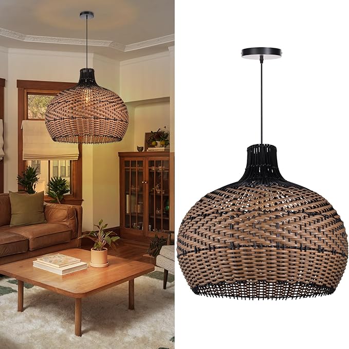Arturesthome 1 Light Rattan Pendant Light Fixtures for Kitchen Island, 23.6" Wicker Chandelier, Handwoven Hanging Ceiling Lighting Lampshade for Dining Room Hallway Black