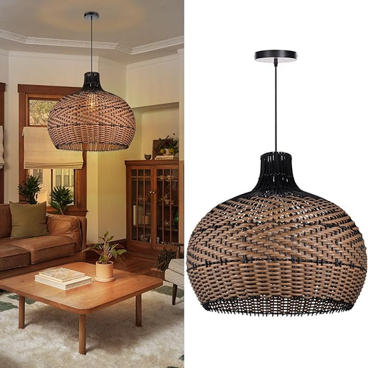 Arturesthome 1 Light Rattan Pendant Light Fixtures for Kitchen Island, 23.6" Wicker Chandelier, Handwoven Hanging Ceiling Lighting Lampshade for Dining Room Hallway Black