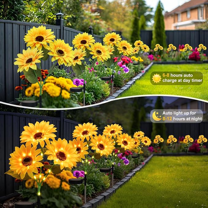 4Pack Sunflower Solar Lights Outdoor Waterproof Stake Light for Pathway | 12 Bigger Sunflower,Auto ON/Off,Garden Decorative Lights for Lawn Landscape Birthday Gifts for Mom Women