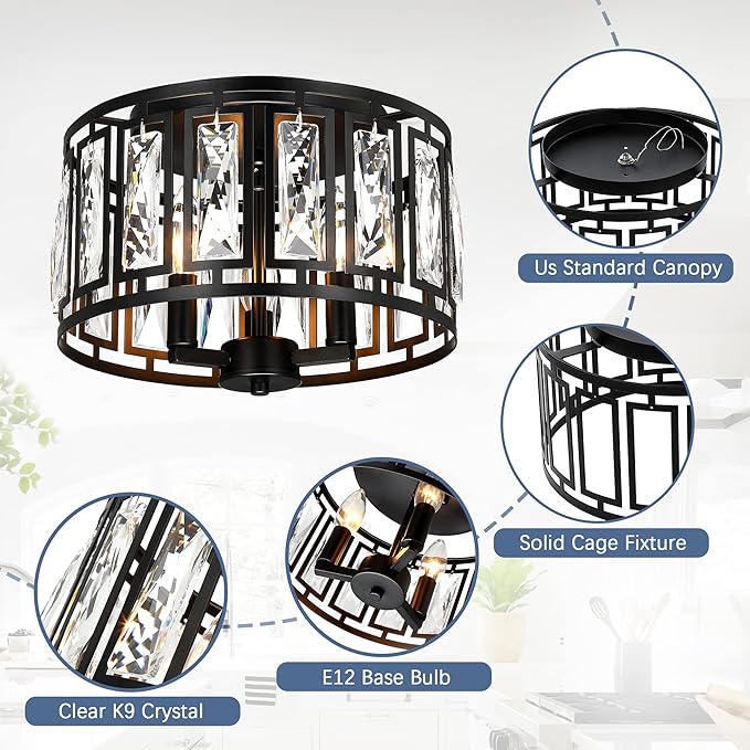 Crystal Ceiling Light Flush Mount for Bedroom, Kitchen Island Crystal Drum Shade Lighting Fixture, 3-Light Black Ceiling Lamp for Dining Room