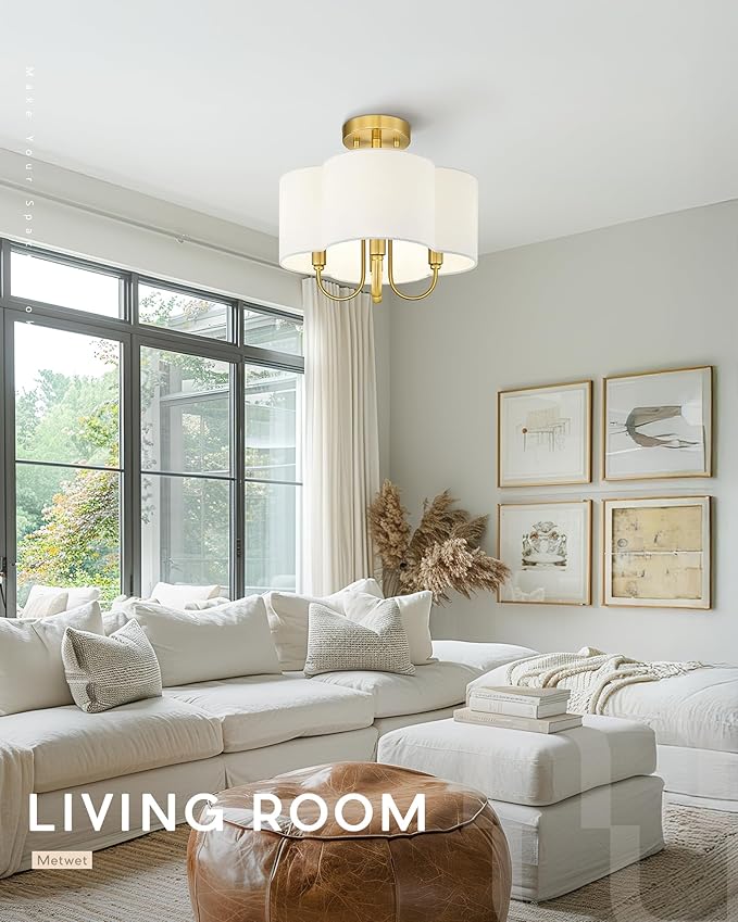 Gold Semi Flush Mount Ceiling Light, 13.5" 4-Light Light Fixtures Ceiling Mount with Fabric Shade in Quatrefoil for Kitchen Nursery Entryway Hallway Bedroom, SM179-BG