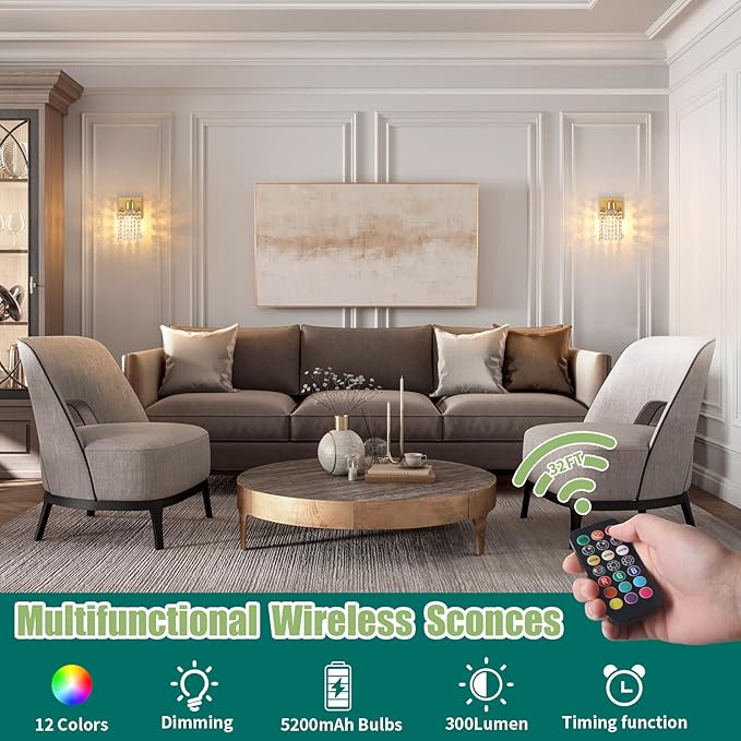Shenmoyl Set of 2 Crystal Battery Operated Wall Sconce,Rechargeable Wall Lamp with 5200mAh Battery & Remote Control, Modern Dimmable Wireless Wall Lights for Bedroom Bathroom (Clear, Gold Base)