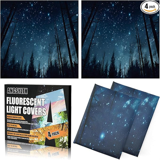 ANGSYLTH 2 x 2 Feet Fluorescent Light Covers - 4 Pcs Covers for Ceiling Lights, Magnetic Light Filters for Classroom, Office, Hospitals, Home (Forests & Starry Sky)