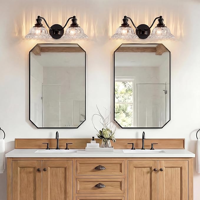 Espird 2 Lights Bathroom Vanity Light Fixtures, Vintage Black Vanity Lights for Bathroom, Farmhouse Antique Light Fixtures Over Mirror with Crystal Glass Shade