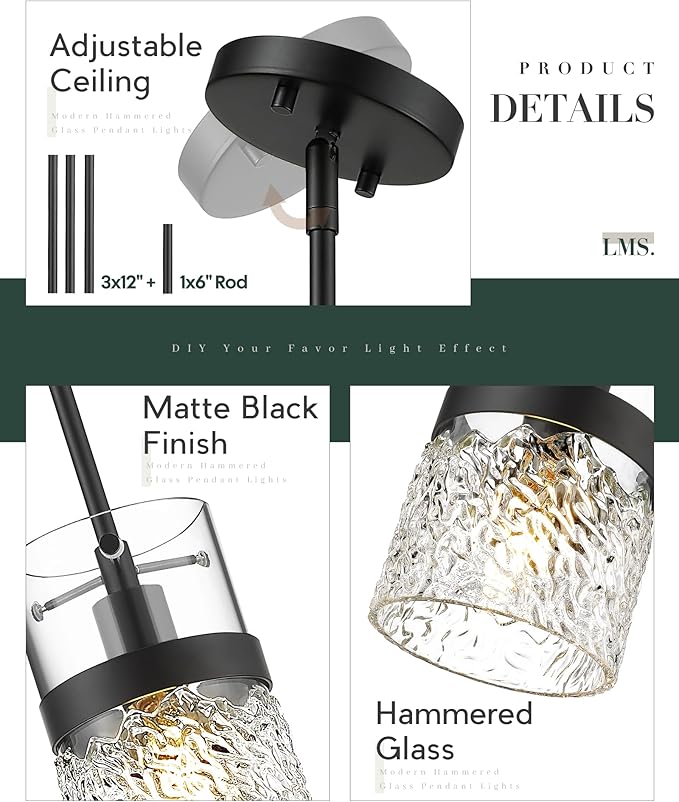LMS 5 Inch Dia Black Pendant Light, Modern Hanging Lamp for Kitchen Island with Adjustable Rod, Medium Linear Light Fixtures with Hammered Glass, LMS-171PL-BKM