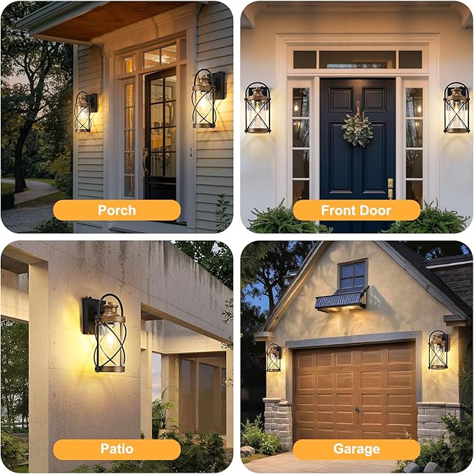 Dusk to Dawn Outdoor Wall Lights Fixtures, Waterproof Exterior Lighting Fixtures with Photocell Sensor,Vintage Faux Wood Grain Metal Cage Lantern Outside Lights for Porch Patio House Garage（2 Pack）