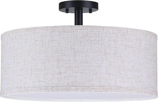 20 Inch Drum Black 4 Light Semi Flush Mount Close to Ceiling Light Fixture,Linen Fabric Shade for Bedroom,Living Room,Dining Room Hallway