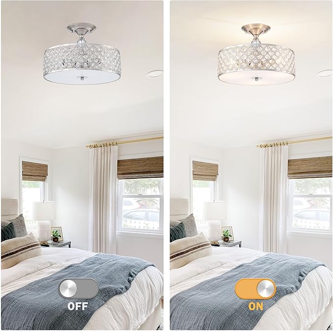 3-Light Brushed Nickel Semi Flush Mount Ceiling Light Fixture,Modern Drum Crystal Metal Acrylic Round Close to Ceiling Light