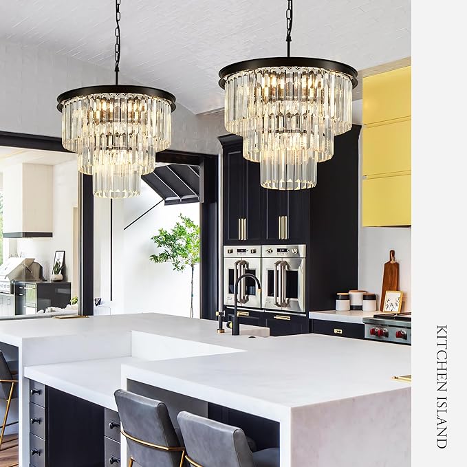 8-Light Black Crystal Pendant Light, 3-Tier 17.76" Luxury Crystal Pendant Light Perfect for Dining Room, Bedroom, Kitchen, Living Room