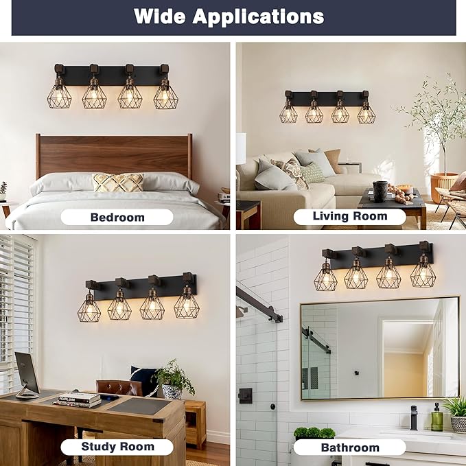 Farmhouse Bathroom Vanity Light Fixtures, 4-Light Black Gold Bathroom Light Fixtures Over Mirror, Rustic Wood Sconces Wall Lighting with Elegant Metal Lampshade for Living Room, Bedroom, Hallway