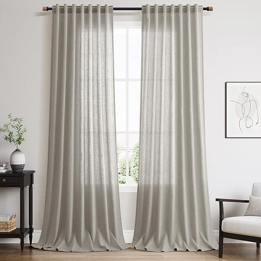 Silver Grey Linen Curtains 102 Inches for Living Room Bedroom Extra Long Back Tab Curtain Neutral Farmhouse Light Filtering Semi Sheer Ceiling to Floor for Large Window Office 2 Panels