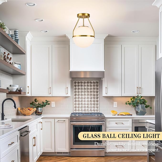 Bagood 10" Modern Semi Flush Mount Ceiling Light Fixture Mid Century Ceiling Light Globe Ceiling Light Fixture with Milk Glass Shade Brass Finish for Kitchen Island Hallway Living Room (Bulb Incl.)