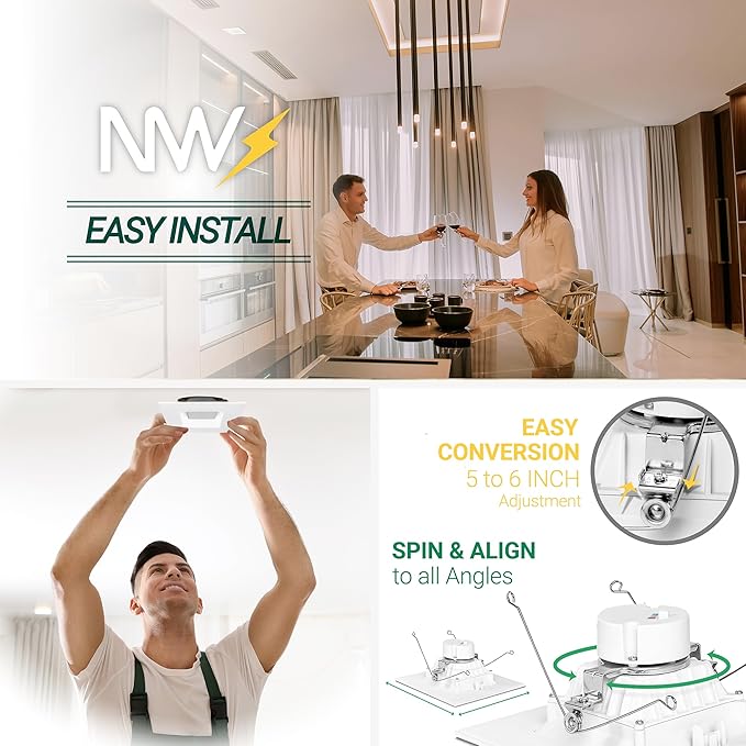 NUWATT 4 Pack, 6 Inch Retrofit LED Square Recessed Lighting, 5CCT 2700K/3000K/3500K/4000K/5000K Selectable, 1100 Lumens 14W, Dimmable 6" Square Downlight, 6 Inch Square Can Light, Wet Rated, ETL, T24