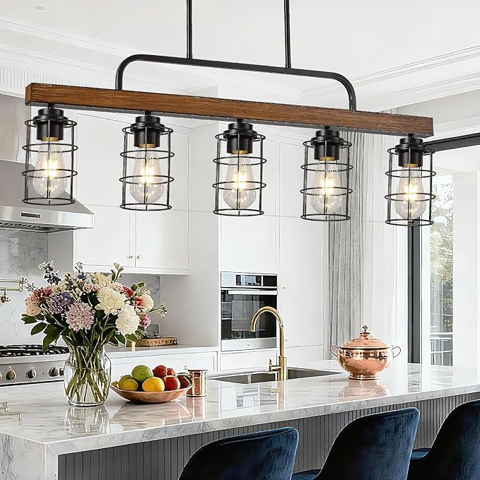 5-Light Farmhouse Walnut Chandelier for Dining Room, Black Kitchen Island Light with Rust-Proof Metal Frame & E26 Base, 49" Height Adjustable Pendant Light Fixture Over Table & Bar