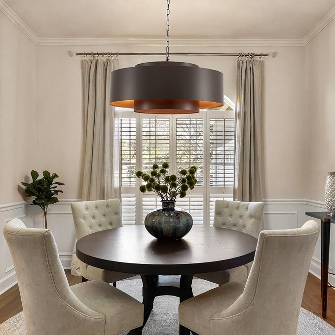 D30 Modern Geometric Metal Drum Pendant, Oil-Bronze Round Farmhouse Chandelier Industrial Pendant Light for Kitchen Island Dining Room Living Room