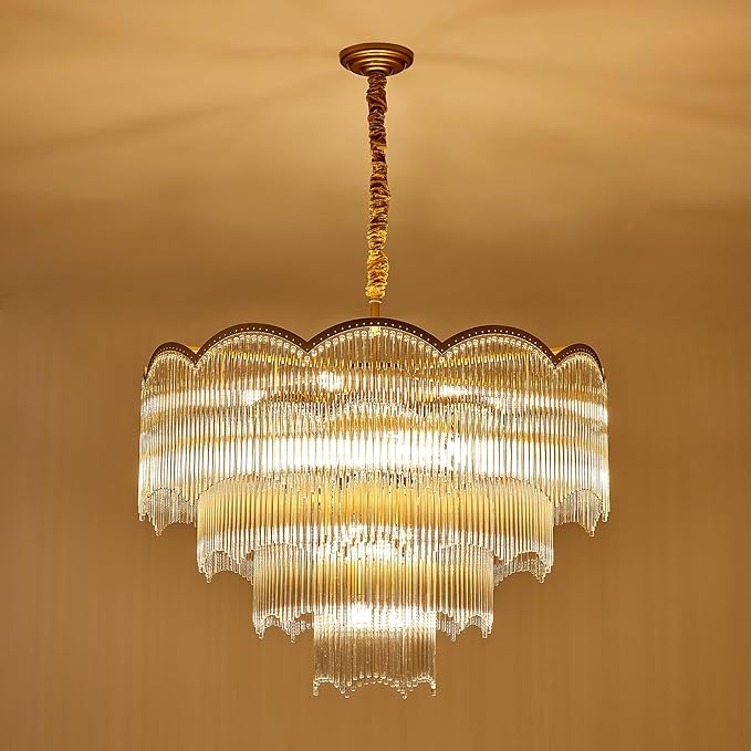 31.5" Gold Clear Glass Crystal Chandelier 18-Light Modern Crystal Pendant Ceiling Light Fixture 4-Tier Luxury Glass Chandeliers,for Dining Room Kitchen Island Living Room Bedroom