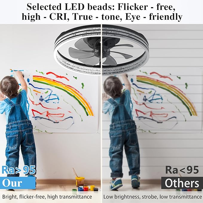 Ceiling Fans with Lights and Remote Fandelier - 20'' Black and White Flush Mount Low Profile Modern Ceiling Fans for Bedroom - Stepless Color Temperature and 6 Speeds