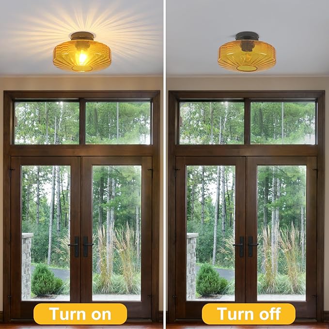 Semi Flush Mount Ceiling Light, 11.8" Mid Century Modern Close to Ceiling Light Fixtures with Amber Glass Shade, 1-Light Vintage Drum Lights for Bedroom Kitchen Entryway Hallway Porch Foyer