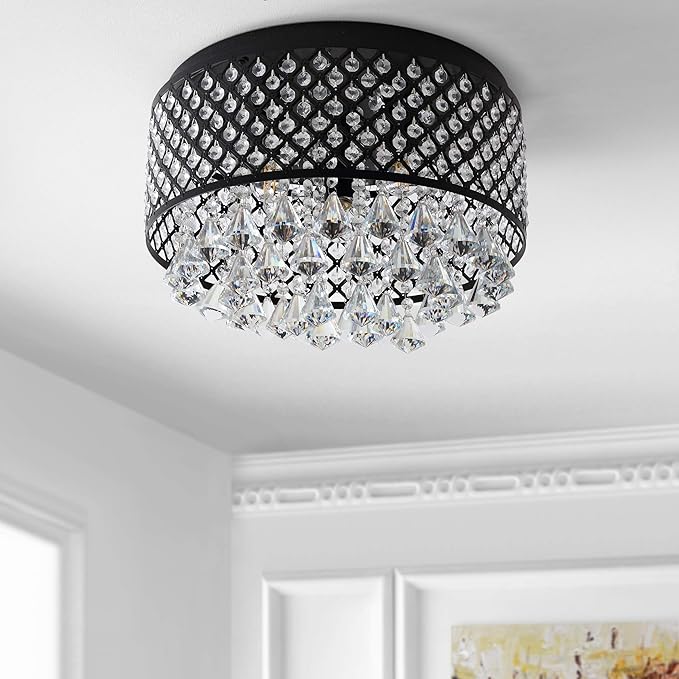JONATHAN Y 17" Black LED Flush Mount Ceiling Light, 3-Light Modern Glam Chandelier for Bedroom Living Room Hallway, Dimmable Metal Trellis with Clear Crystal Drops JYL6143A