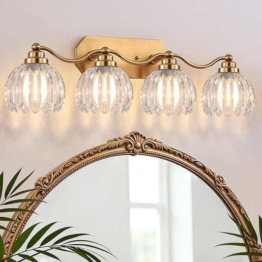 VbiTmn Gold Bathroom Light Fixtures, 4 Light Vintage Vanity Lights, Antique Brass Brushed Gold Finish, Crystal Transparent Glass Shade, Mid Century Wall Sconces for Bedroom, Living Room, Hallway