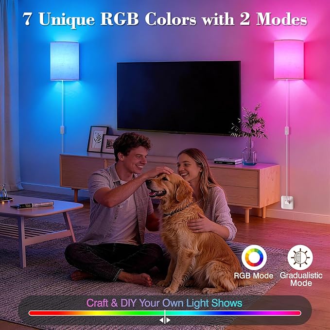 Plug in Wall Sconces Set of Two: Wall Lights with 7 RGB Colors - 3 Color Temperature Wall Mount Lamps with Remote - Fabric Linen Wall Sconc for Bedroom Living Room & Hallway- Indoor Corded Wall Sconce