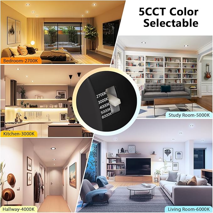 LVWIT Black LED Recessed Light 6 Inch, Can Lights Color Selectable 2700/3000/4000/5000/6000K 5CCT, 9W=120W,1000LM, Dimmable Downlight with E26 Conversion Kit, 6 Pack,IC Rated