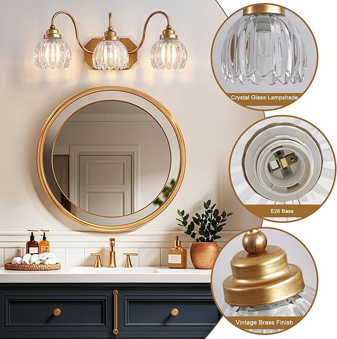 Gold Vanity Light, Vintage Bathroom Light Fixtures, 3-Light Matte Antique Brass Finish with Crystal Glass Shade, Mid Century Style Wall Sconces for Bedroom, Living Room
