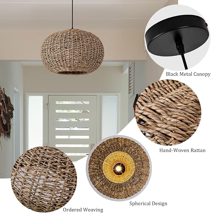 19.7in Rattan Light Coastal Pendant Lights Brown Wicker Hanging Ceiling Chandelier Lighting Fixture for Dining Room Restaurant Kitchen Island Living Room Hallway Yard Bedroom 1-Light