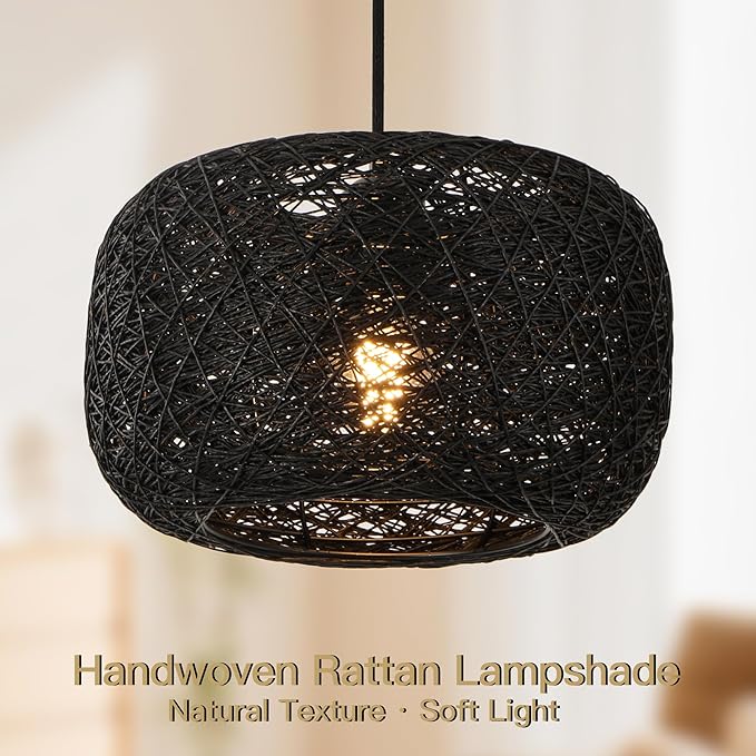 Plug in Pendant Light with Woven Rattan Lampshade, 12” Boho Hanging Lamp with 15FT Cord & On/Off Switch, E26 Socket, Ceiling Hook Installation for Bedroom Living Room Dining Nook Apartment