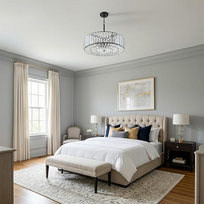 VONLUCE Cystal Ceiling Light Fixture, 6-Light Semi Flush Ceiling Light with Crystal Prisms, 21 in. Chandelier for Dining Room Bedroom Entryway, Kitchen, Black Metal Canopy, ETL Certificated