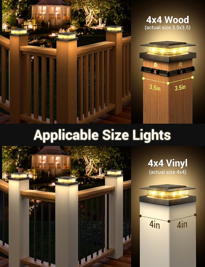 APONUO Solar Post Cap Lights for 4x4 Fence Posts, IP64 Waterproof Outdoor LED Deck Lights with 2 Modes (Warm White & Cool White), Auto On/Off Dusk to Dawn, Easy Install, Black, 12 Pack
