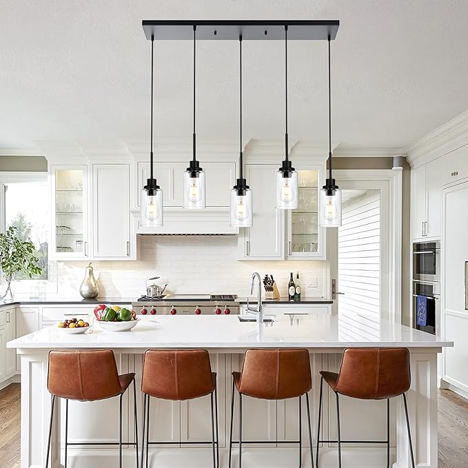 MELUCEE Black Pendant Lights for Kitchen Island, 5-Light Dining Room Light Fixtures Linear Chandeliers with Clear Glass Shade, DIY Hanging Lamp Ceiling for Dining Room Kitchen Bar