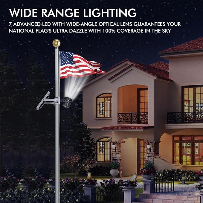 Flagpole Light Solar Powered,Auro 7 Solar Spot Light 7 LED for 1.5"-3.3" Poles,12H Dusk to Dawn Auto On/Off,5W Outdoor IP65 Waterproof,Multiuse on Landscape,Wall - Cold White