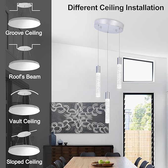 3-Light Bubble Crystal Ceiling Chrome Integrated Crystal Pendant Chandelier,Dimmable LED Ceiling Light with Adjustable Height for Kitchen Island, Dining Room & Bedroom 3000K -6000K