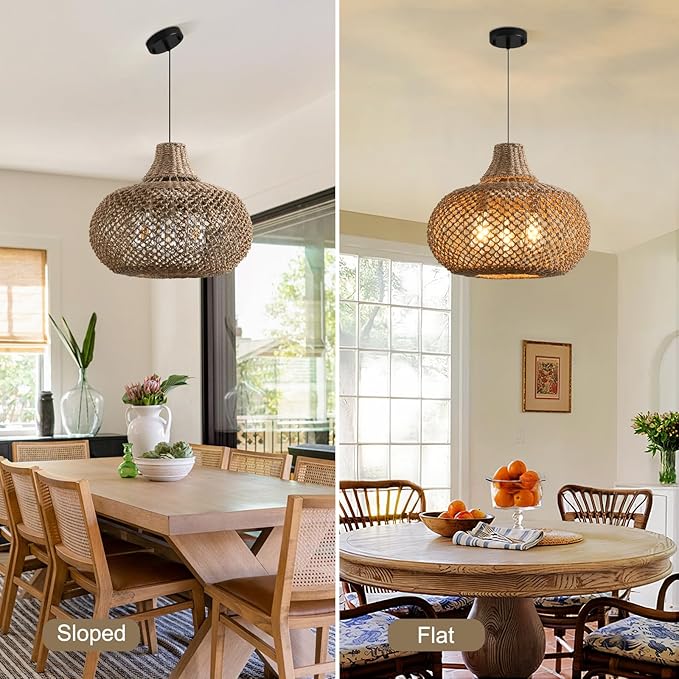 18.11" Rattan Pendant Light,Boho Hand Woven Wicker Hanging Light Seagrass Rattan Chandelier for Dining Living Bedroom