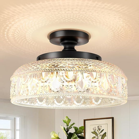 Lamomo Semi Flush Mount Ceiling Light, Upgraded Larger 12 Inch Black Hallway Light Fixture, 3 Light Globe Glass Close to Ceiling Light, Indoor Hanging Light for Bedroom Kitchen Porch Hallway