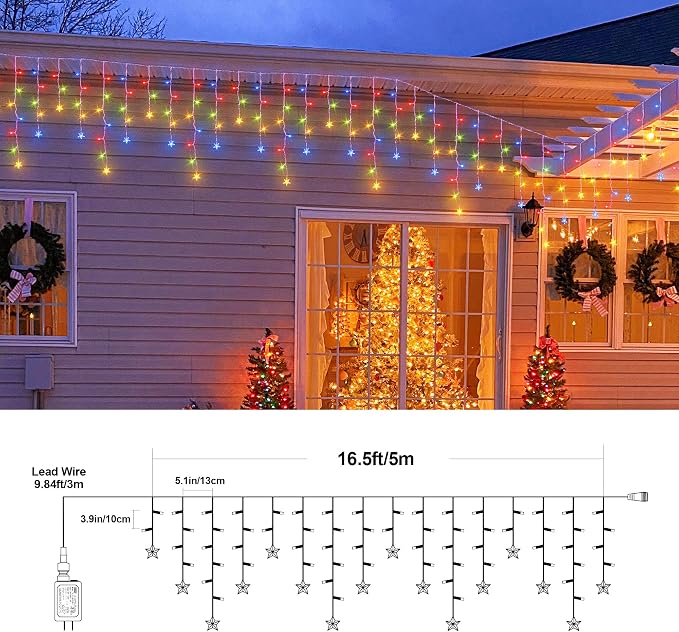 oopswow 200 LED Icicle Christmas Lights with Star,16.5FT Curtain Fairy Lights 40 Drops 8 Modes with Timer, Star Christmas Lights for Backdrop,Wedding,Patio,Christmas Decorations,Multicolor