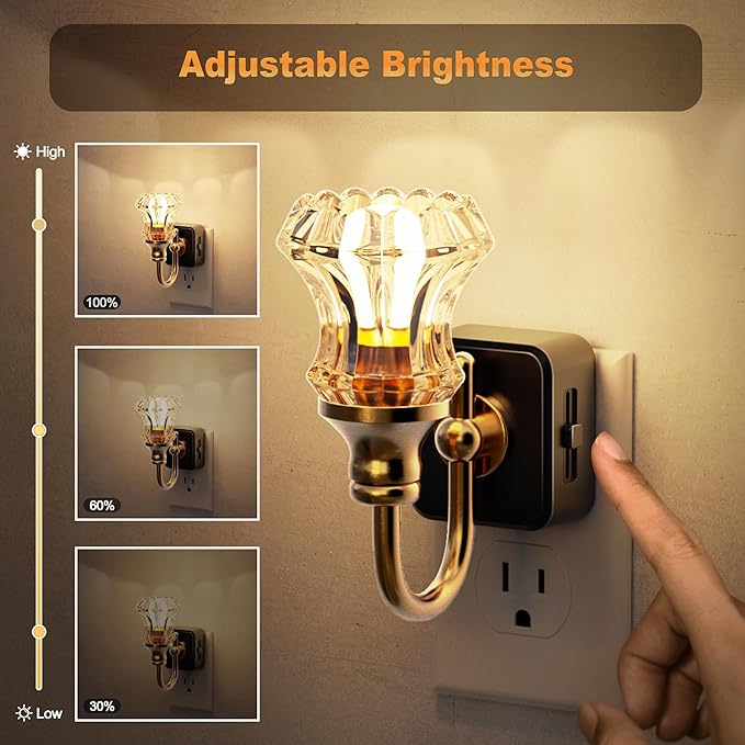 JandCase Night Light, 2Pack Night Lights Plug into Wall, Dimmble Floral Glass LED Nightlight, 0-100 LM Flower Nightlights, Dusk to Dawn Sensor, 1W Vintage Nite Light for Bathroom Gift Vanity Decor