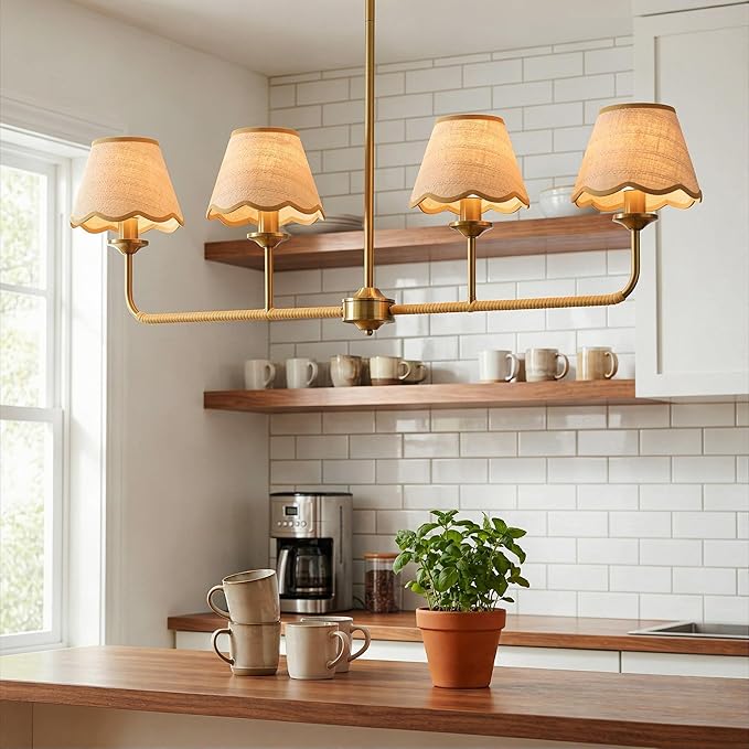 Boho Industrial 4-Light Linear Kitchen Island Light, 39" Gold Rattan Chandelier with Woven Rattan Shades, 180° Rotatable & Height Adjustable Dining Room Lighting for Living Room Bar, E12 Base