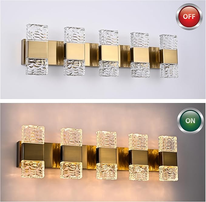 MELUCEE 5 Lights Brass Crystal Vanity Light Bar LED Bathroom Lights Over Mirror Wall Mount, 30.3-Inch 40W LED Modern Vanity Lighting Fixtures for Bath Restroom Powder Room, 3000K Warm Lighting