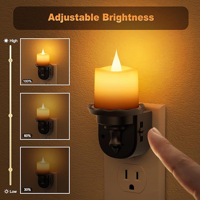 JandCase Night Lights Plug into Wall, 2 Pack Flameless Flickering Electric Fake Candle Night Light with Dusk to Dawn Sensor, 3000K Soft White, 0-100LM Dimmable Nightlight for Bathroom Bedroom Hallway