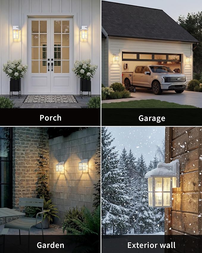 KDG Outdoor Waterproof Patio Wall Light Fixtures Set of 2, White E26 Socket Exterior Lanterns with Tempered Glass, Modern Wall Mounted Lamp Suitable for Home, Front Door, Garden, Garage, Porch