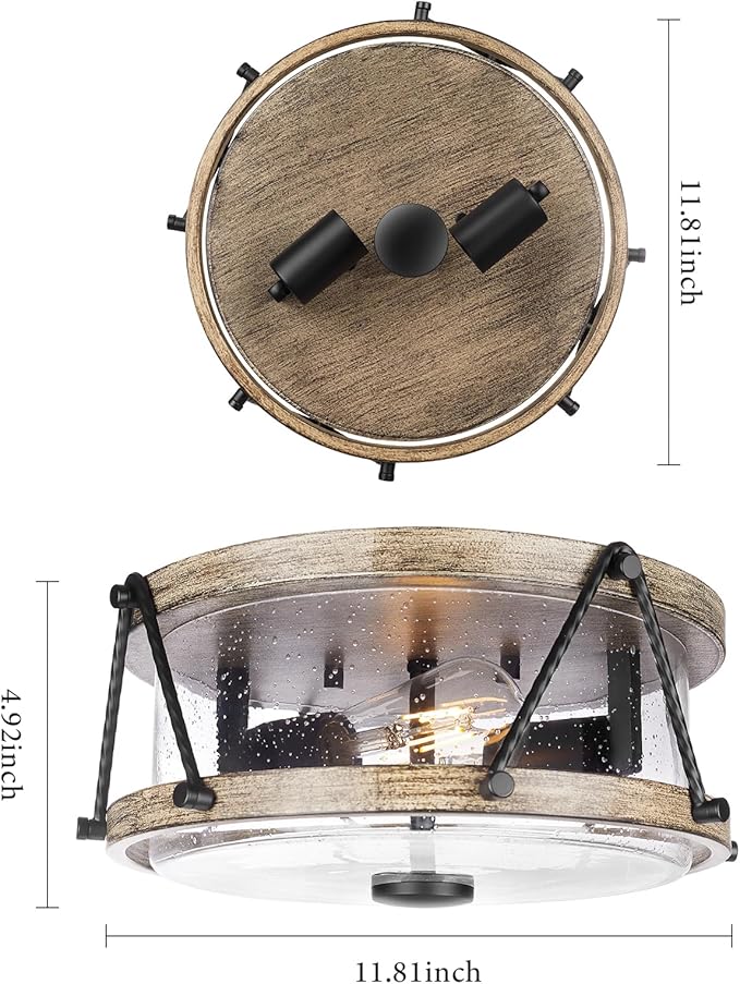 Flush Mount Ceiling Light Fixture, Brown Farmhouse Ceiling Lamp with Seeded Glass Shade, Multi-Purpose 12 Inch light fixtures ceiling mount for Bedroom, Entryway, Kitchen, Hallway, Dining Room