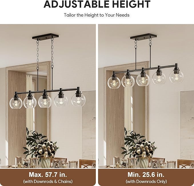 VONLUCE Dining Room Light Fixture Over Table, 5-Light Kitchen Island Lighting with Round Glass Shades & Adjustable Hanging Heights, Linear Chandlier for Dining Room Kitchen, Black, ETL Certificated