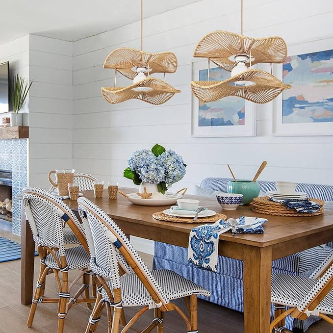 Farmhouse Rattan Pendant Lights 2-Tier Coastal Kitchen Light Over Island 15.8in Boho Rattan Hanging Lighting Wicker Woven Chandelier for Dining Room Bedroom Entryway Restaurant Foyer