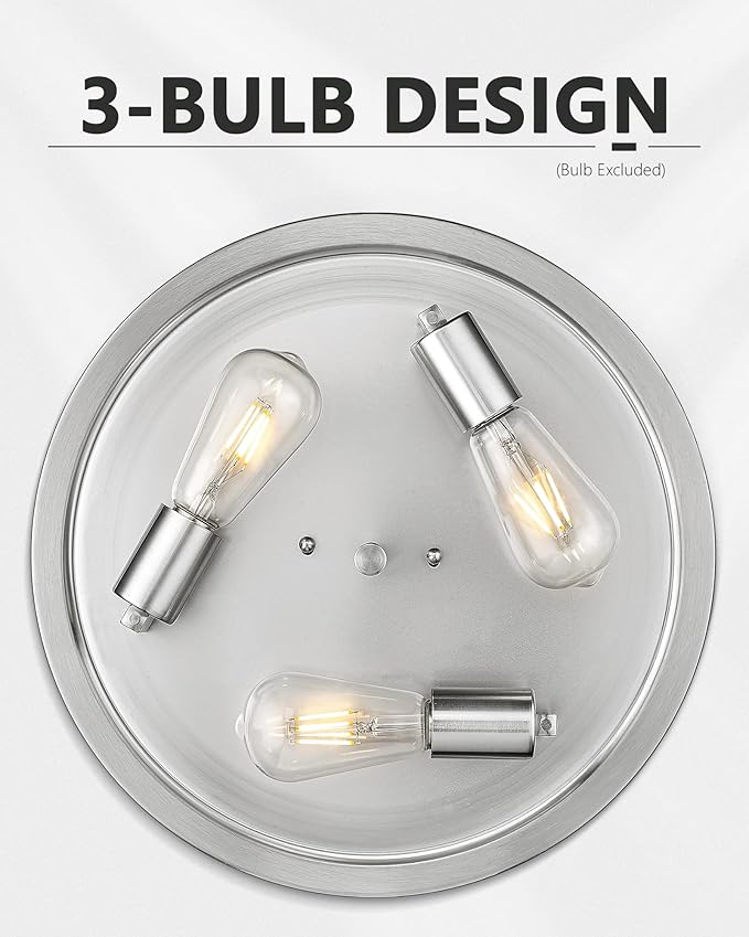 15 Inch Ceiling Light Fixtures, HWH 3-Light Modern Flush Mount Light with Brushed Nickel Finish, Water Ripple Hammered Glass Ceiling Lights for Kitchen Hallway Foyer, 5HTJ102WG-F BN