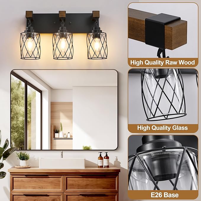 Farmhouse Bathroom Light Fixtures, 3 Light Bathroom Vanity Light with Metal and Glass Lampshade, Wood Rustic Lighting Fixtures Over Mirror, Black Wall Sconces for Living Room, Bedroom